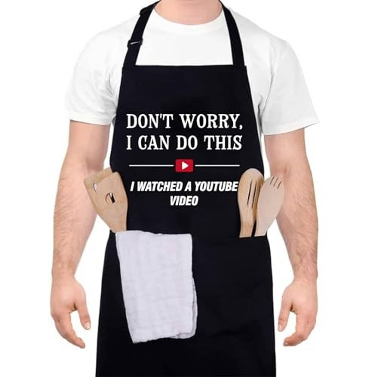 Black cooking apron front view with slogan and two pockets