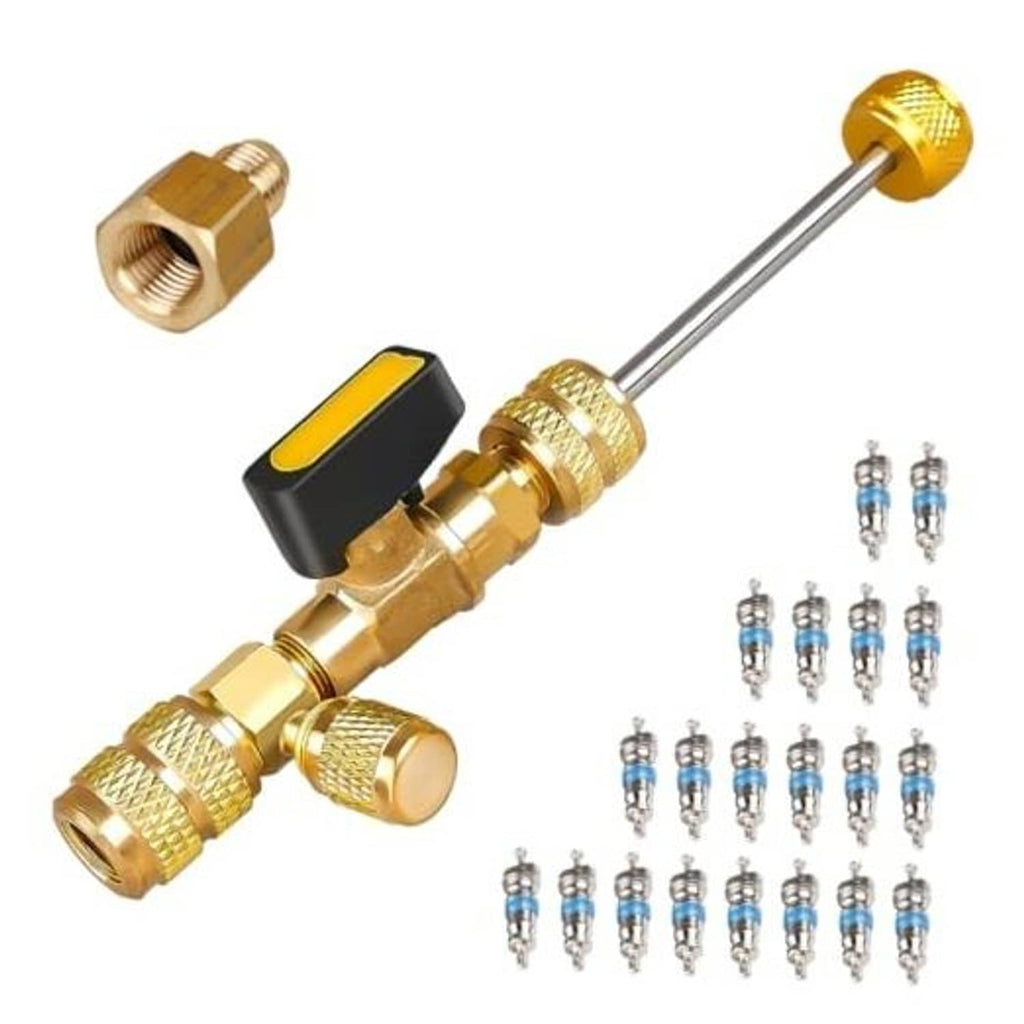 Brass dual-size valve core remover/installer tool with hex fittings and spare valve cores