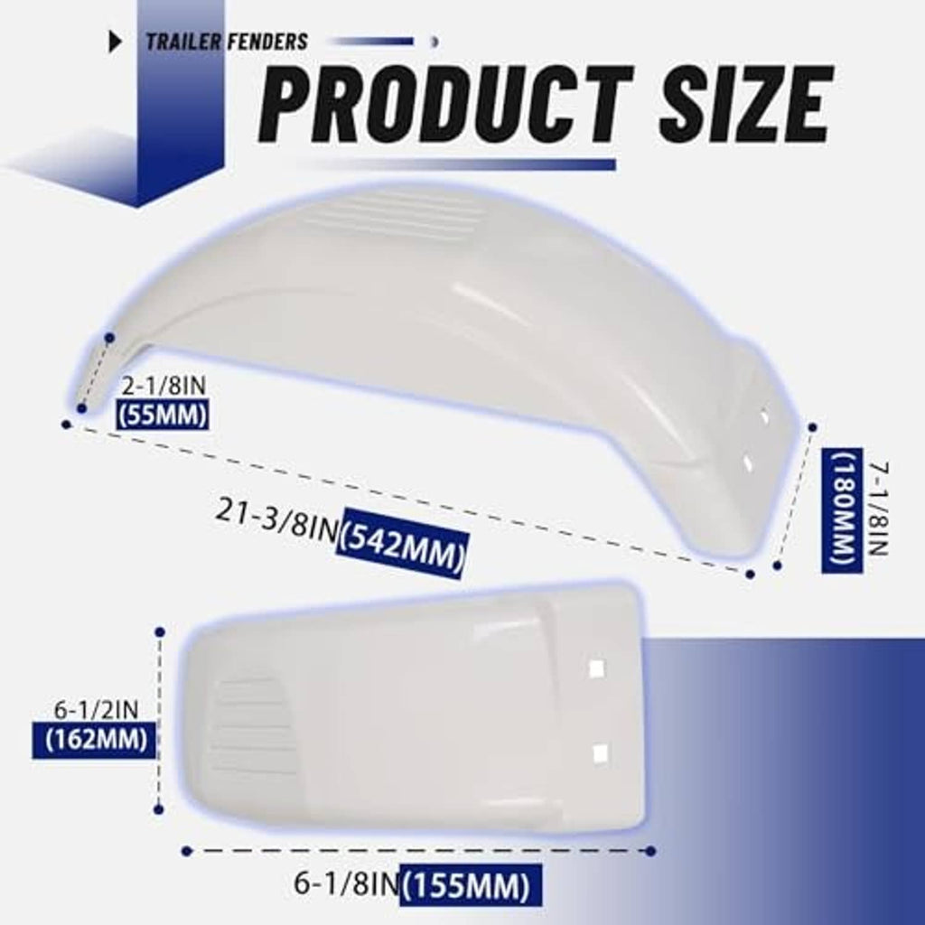 White trailer fender size diagram showing top curve dimensions for single-axle mounting