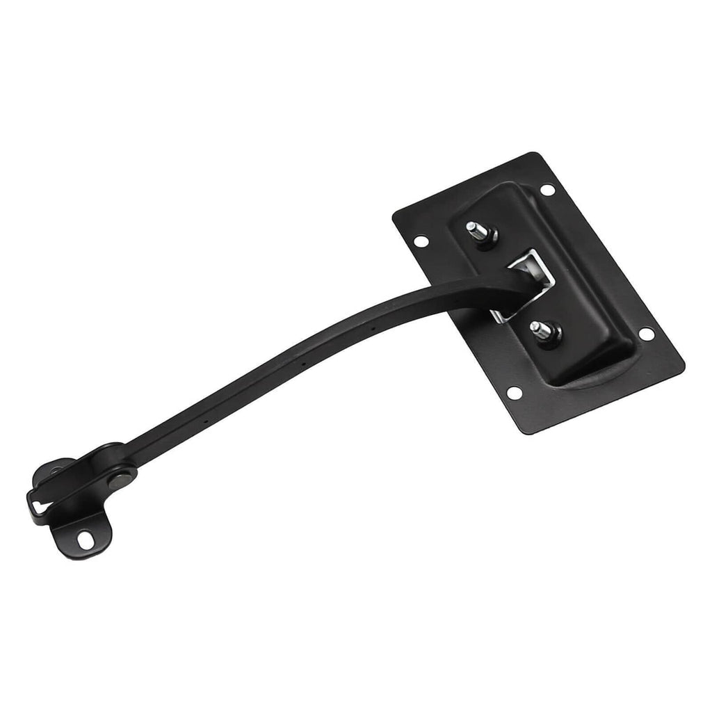 Black mounting plate with silver latch and check strap retaining arm assembly