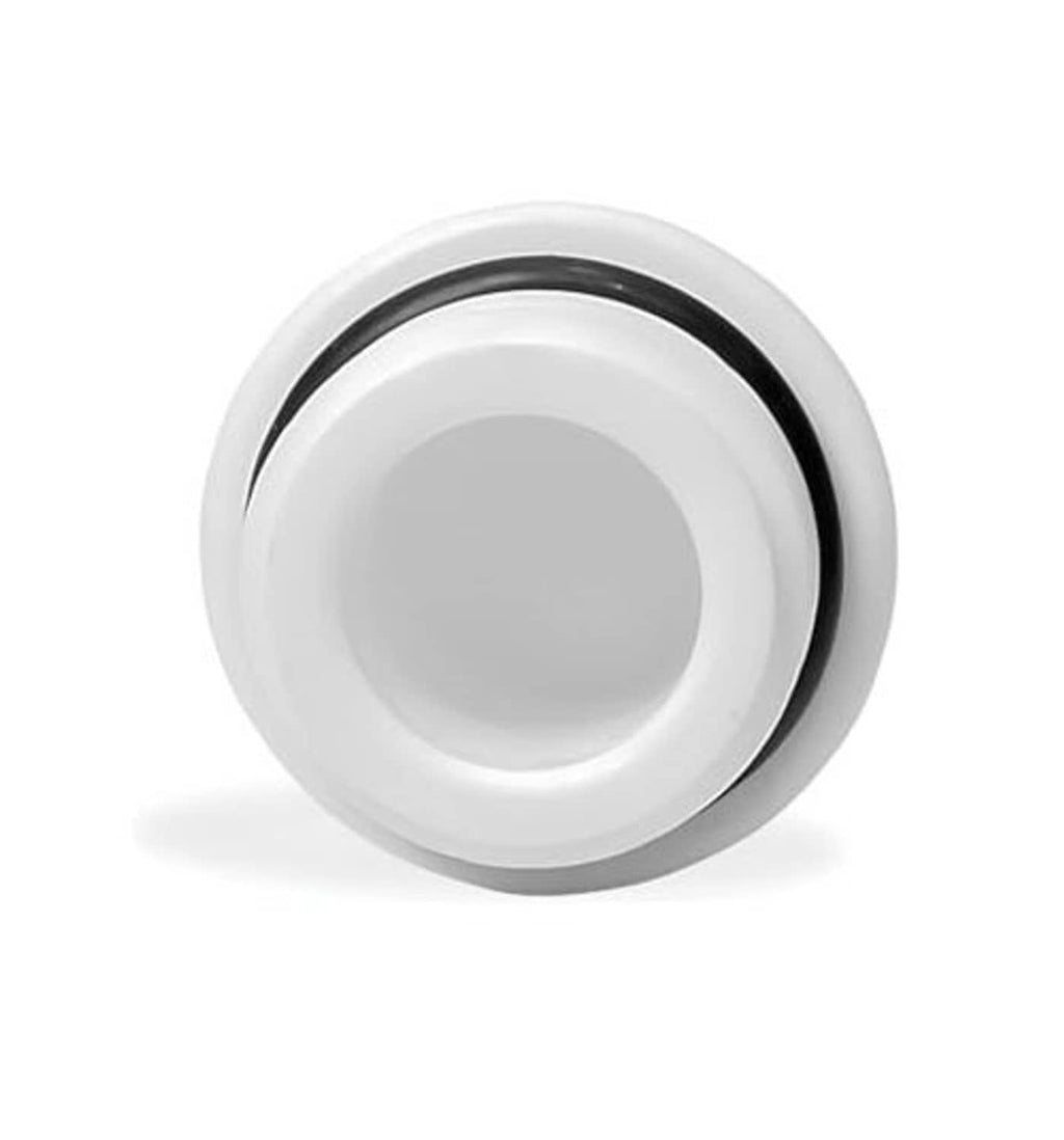 White PVC threaded pipe end cap with black sealing ring, front view