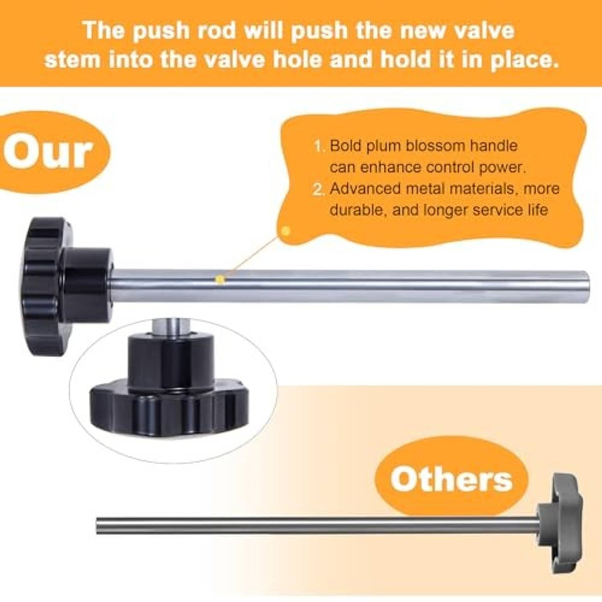 Push rod tool with black collar for inserting and holding tire valve stems