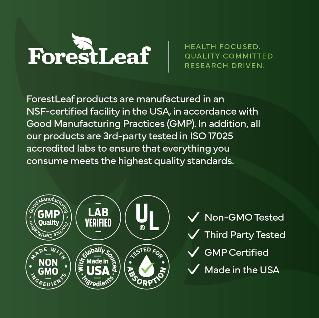 ForestLeaf manufacturing quality infographic with lab verified and non-GMO badges