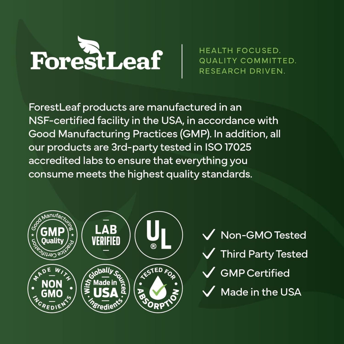 ForestLeaf manufacturing quality infographic with lab verified and non-GMO badges
