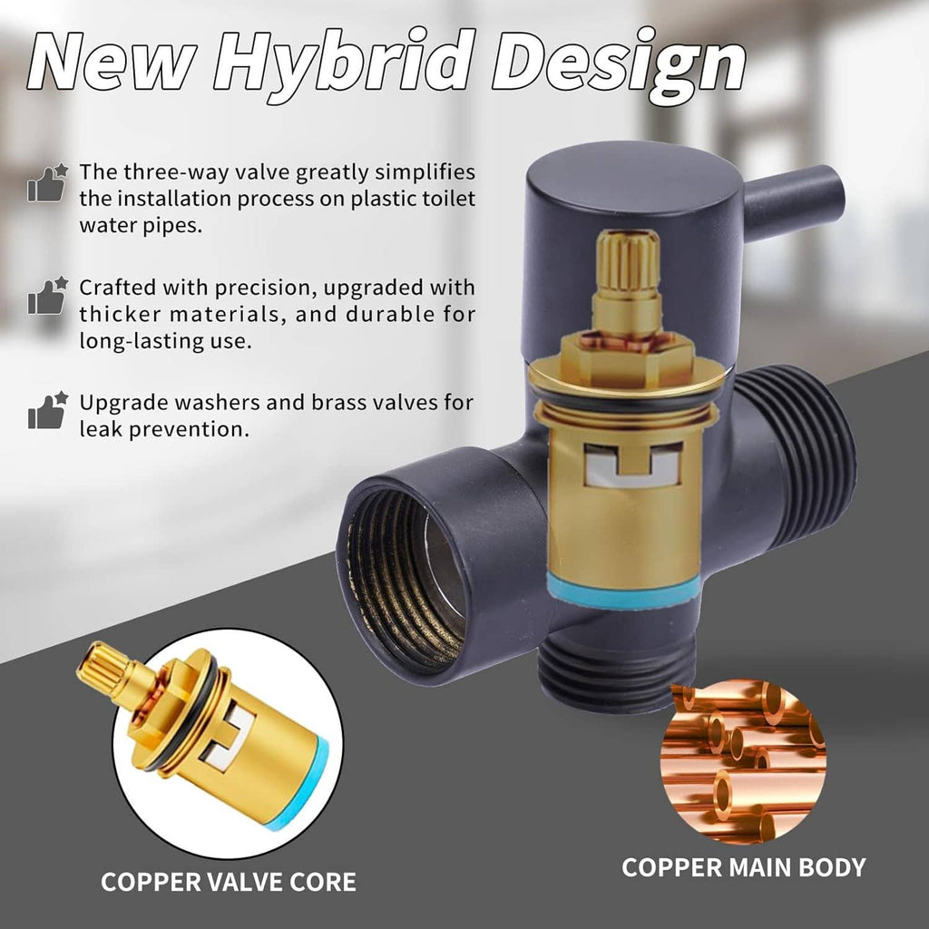 Bidet sprayer three-way valve with copper internal core and black hose connection