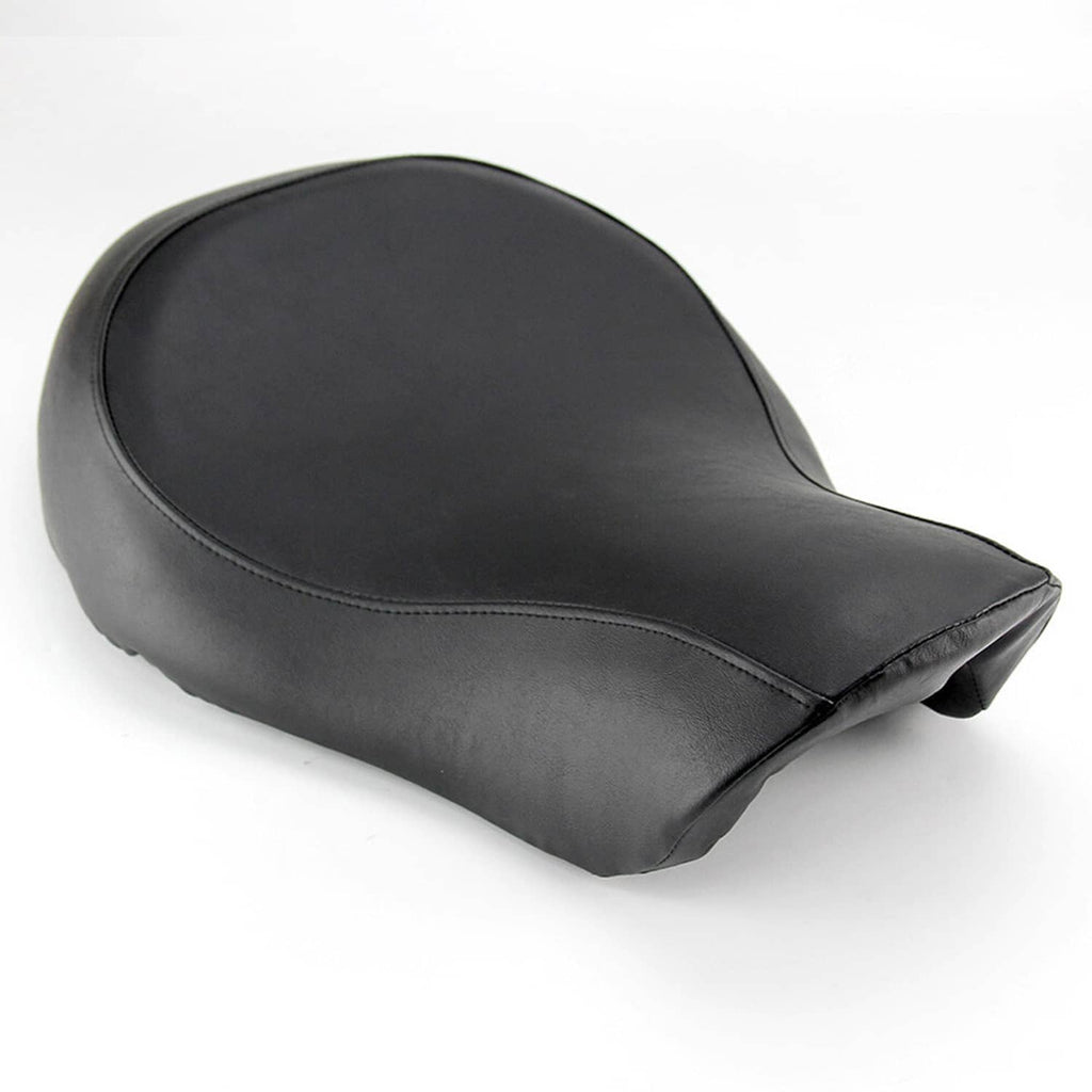 Black solo motorcycle seat with contoured cushion and stitched trim