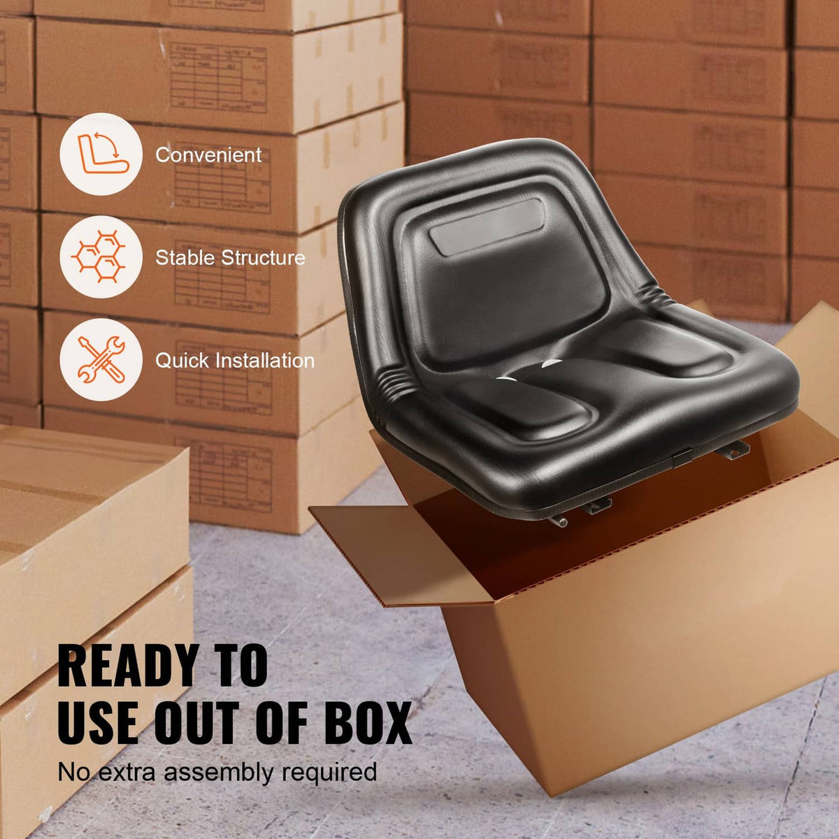 Black forklift seat on sliding base rails, ready for installation