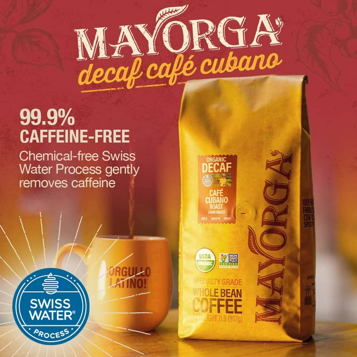 Organic decaf coffee bag with Swiss Water caffeine-free graphic and single bag view