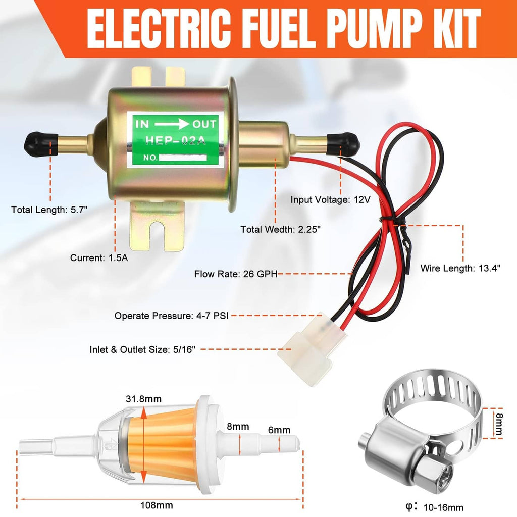 Electric fuel pump kit with 12V wiring harness and inline filter with orange screen