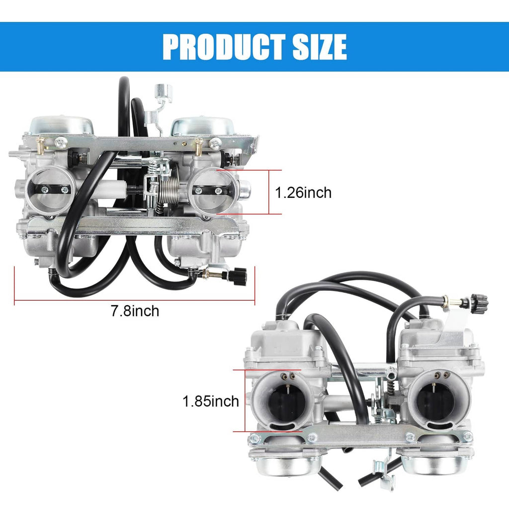 Dual carburetor assembly with black hoses and intake boots, shown with size markings