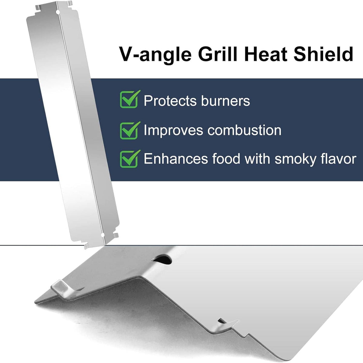 V-angle stainless steel grill heat shield panel with mounting tabs