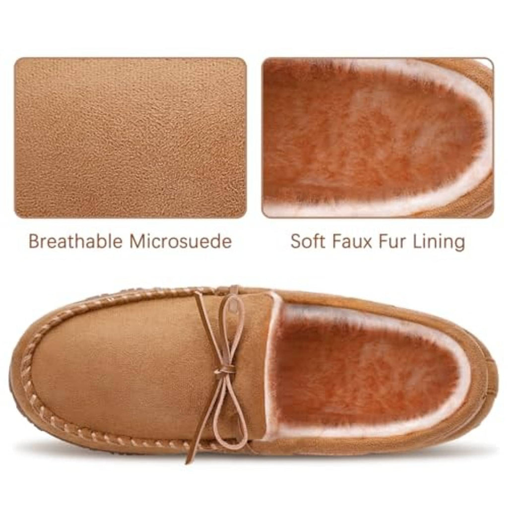 Light brown moccasin slippers material close-ups: suede-like upper and faux fur lining