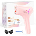 Pink at-home IPL hair removal device with safety glasses and product box