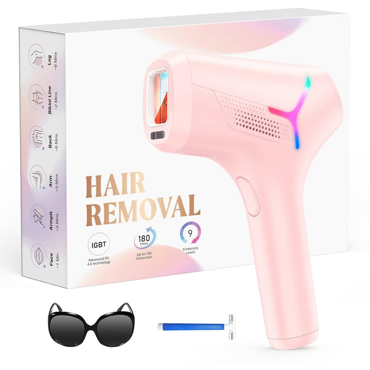 Pink at-home IPL hair removal device with safety glasses and product box
