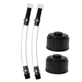 Fuel filler jug hose set with two black hoses and red-capped black adapters