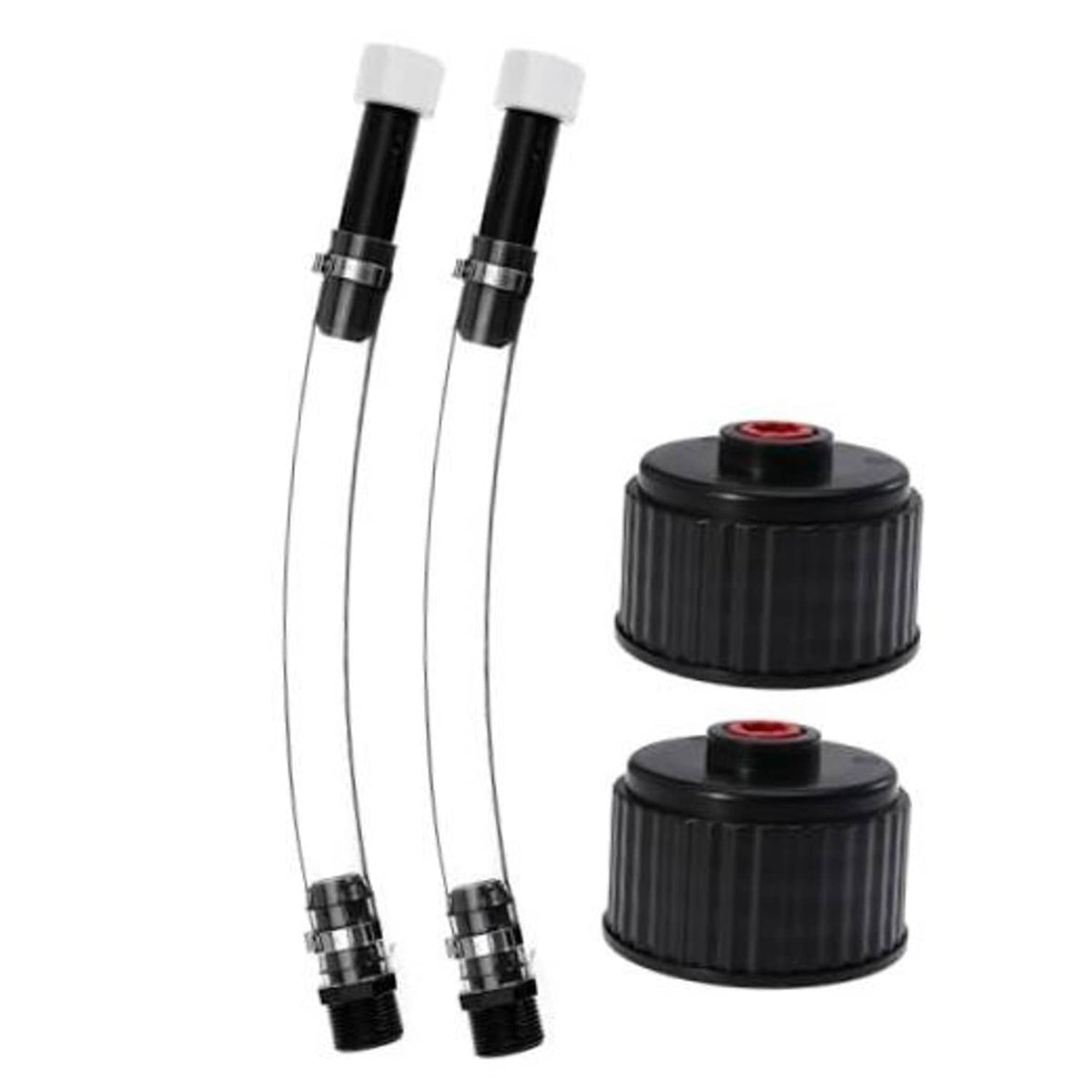 Fuel filler jug hose set with two black hoses and red-capped black adapters