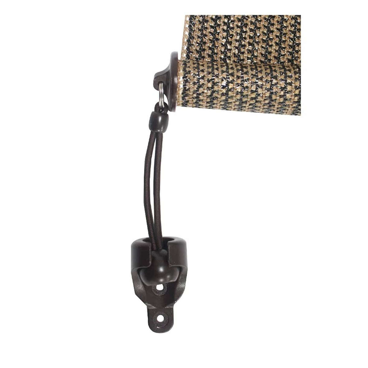 Brown bungee end cap with two cord loops attached to shade fabric edge