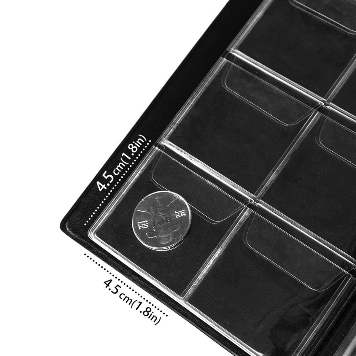 Close-up of clear coin pocket grid inside black coin album, with coin shown