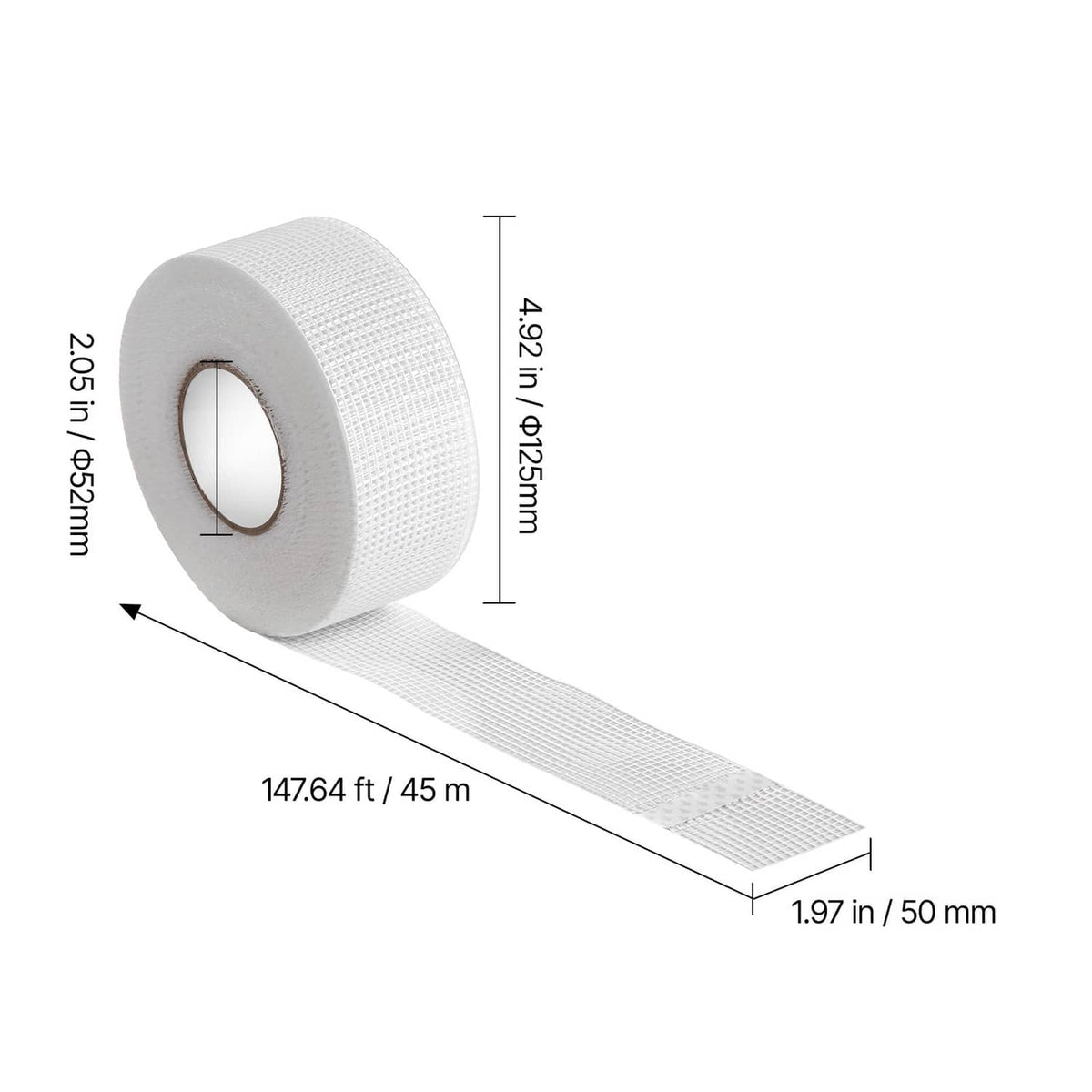 Drywall joint tape roll dimensions with white roll and 147.64 ft (45 m) length