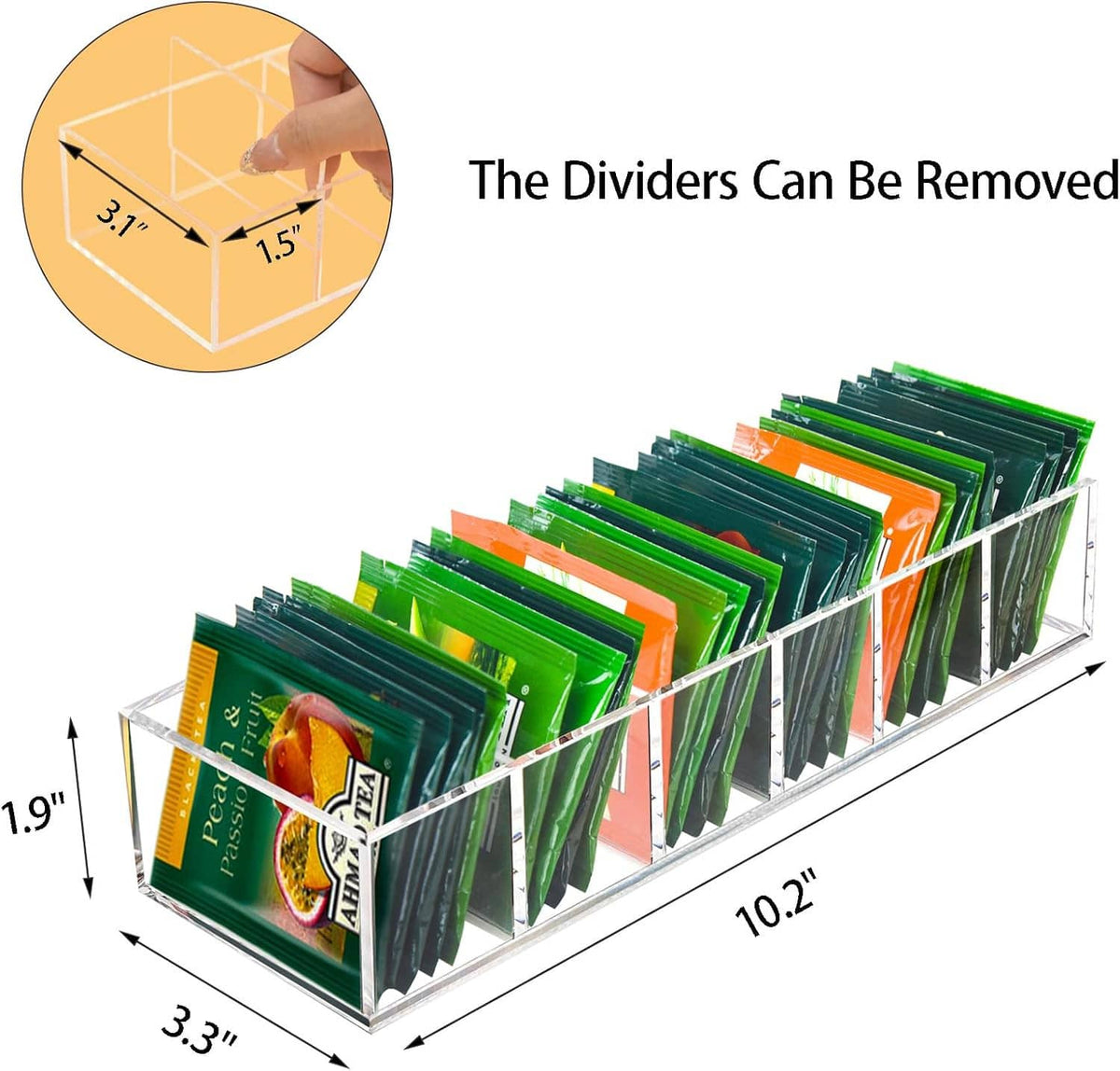 Clear acrylic tea bag organizer with removable dividers and tea packets in front slots