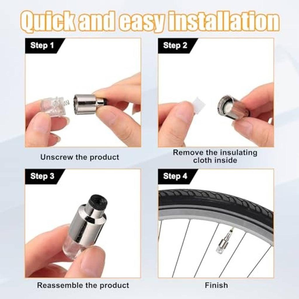 Hands installing a red LED tire valve stem cap light onto a wheel valve
