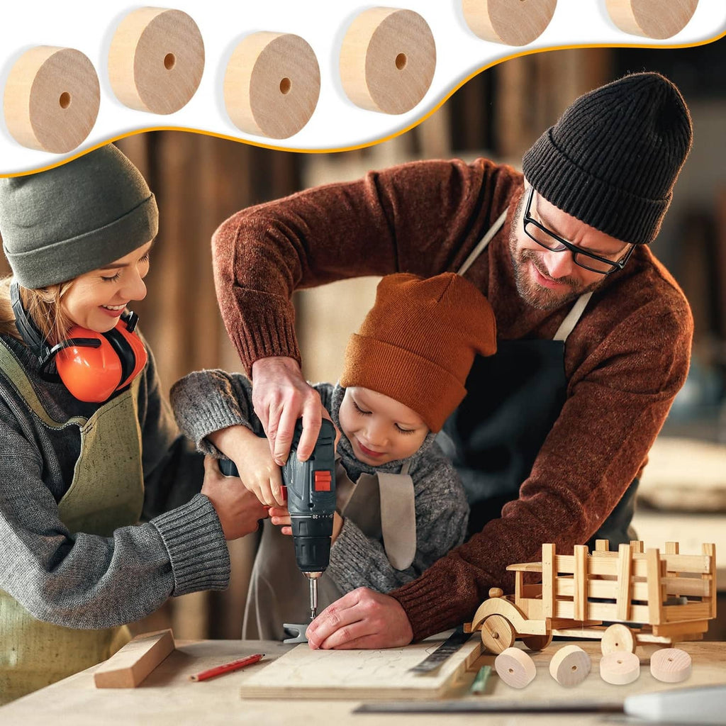 Round wooden craft wheels with center holes, laid out for DIY projects