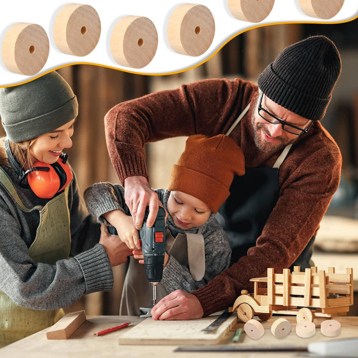 Round wooden craft wheels with center holes, laid out for DIY projects