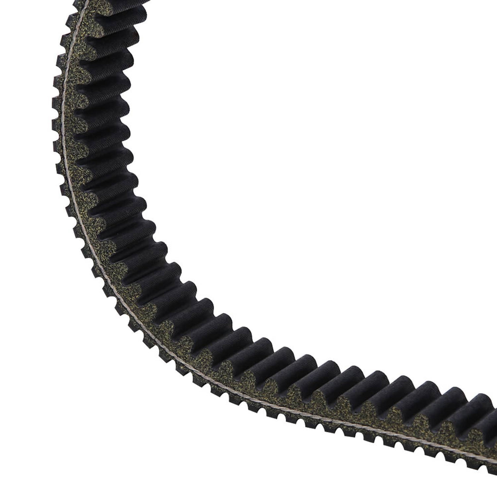 Black ribbed drive belt with teeth along inner curved edge