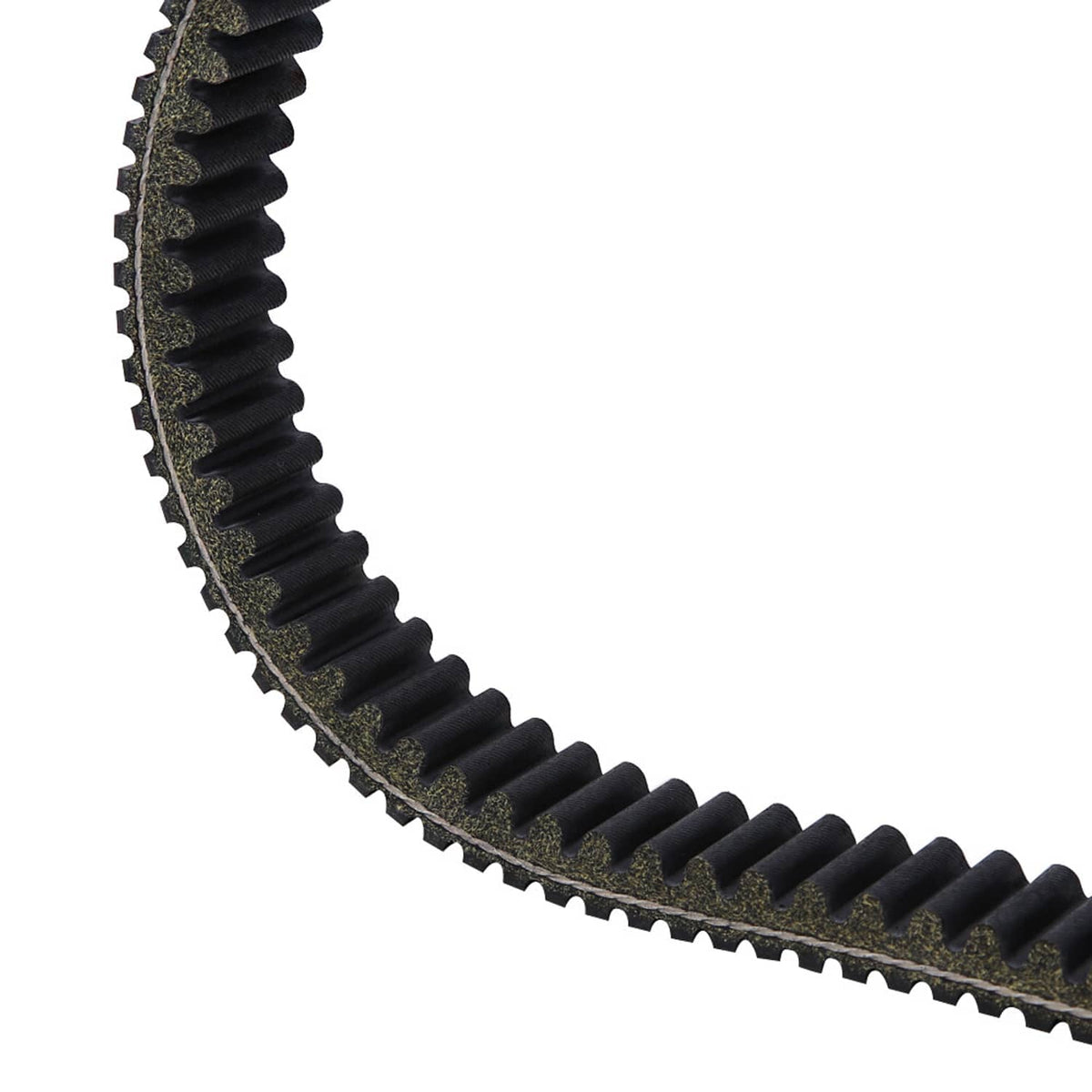 Black ribbed drive belt with teeth along inner curved edge