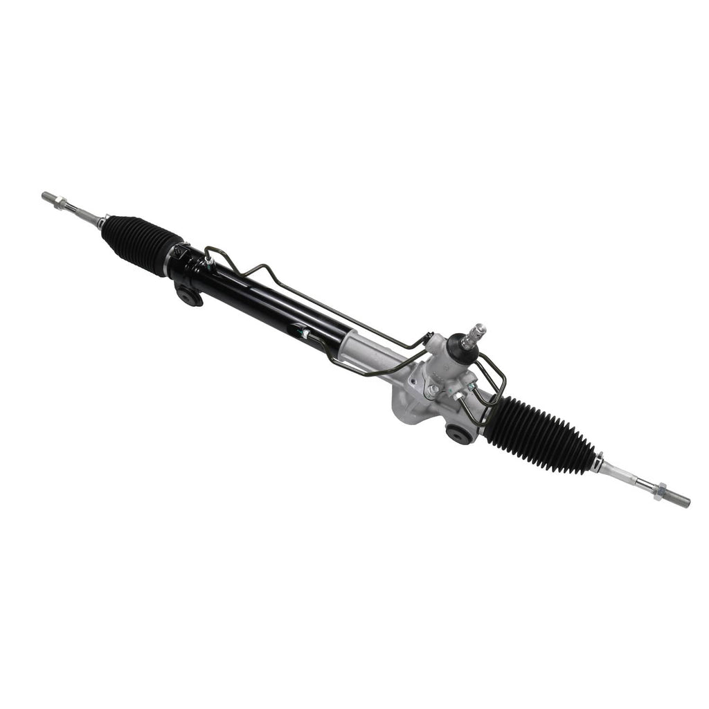 Power steering rack and pinion assembly, silver housing with black rubber bellows