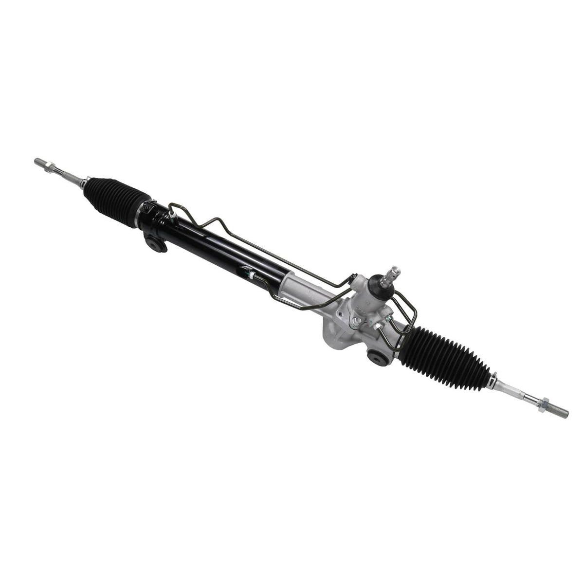 Power steering rack and pinion assembly, silver housing with black rubber bellows