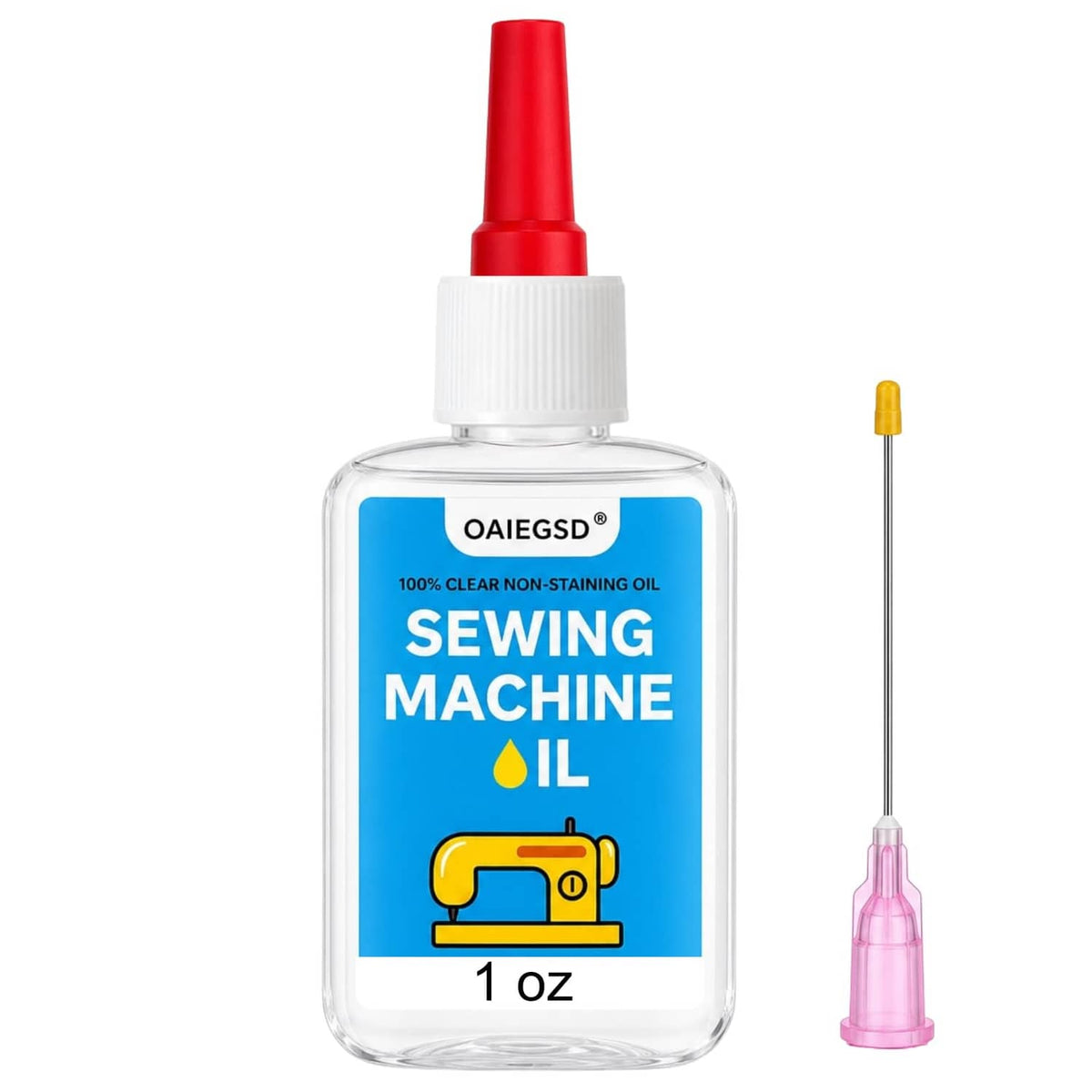 Clear sewing machine oil bottle with red cap and needle applicator, 1 oz