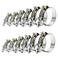 T-bolt radiator hose clamp set, shiny silver bands with green-banded screw housings