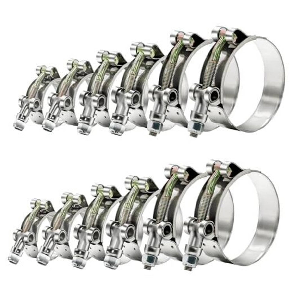 T-bolt radiator hose clamp set, shiny silver bands with green-banded screw housings