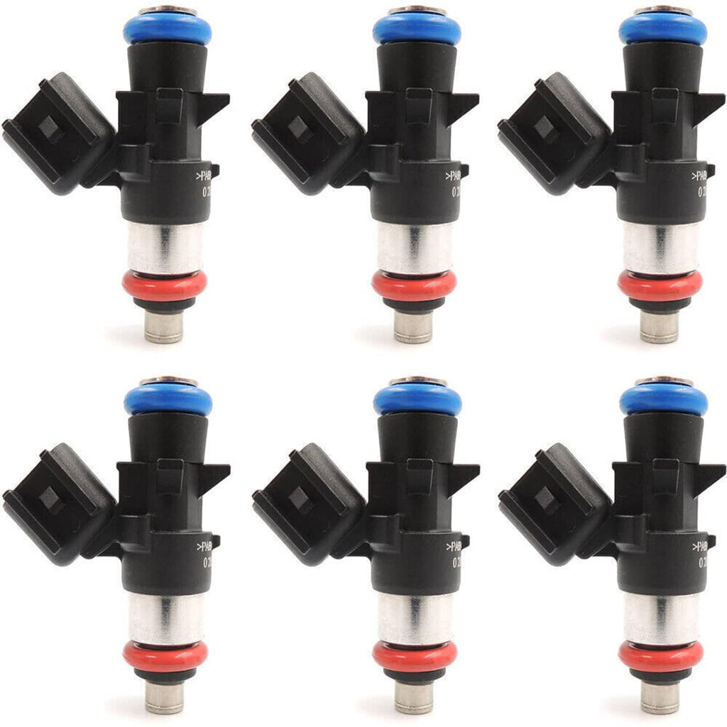 Set of six fuel injectors with black housings, blue caps, and red O-rings
