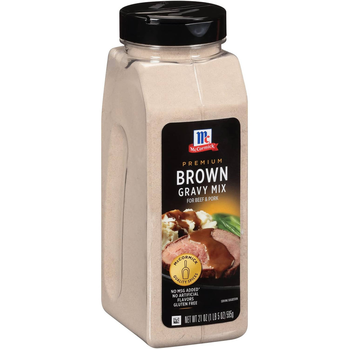 Brown gravy mix bottle with McCormick Premium Brown Gravy Mix label