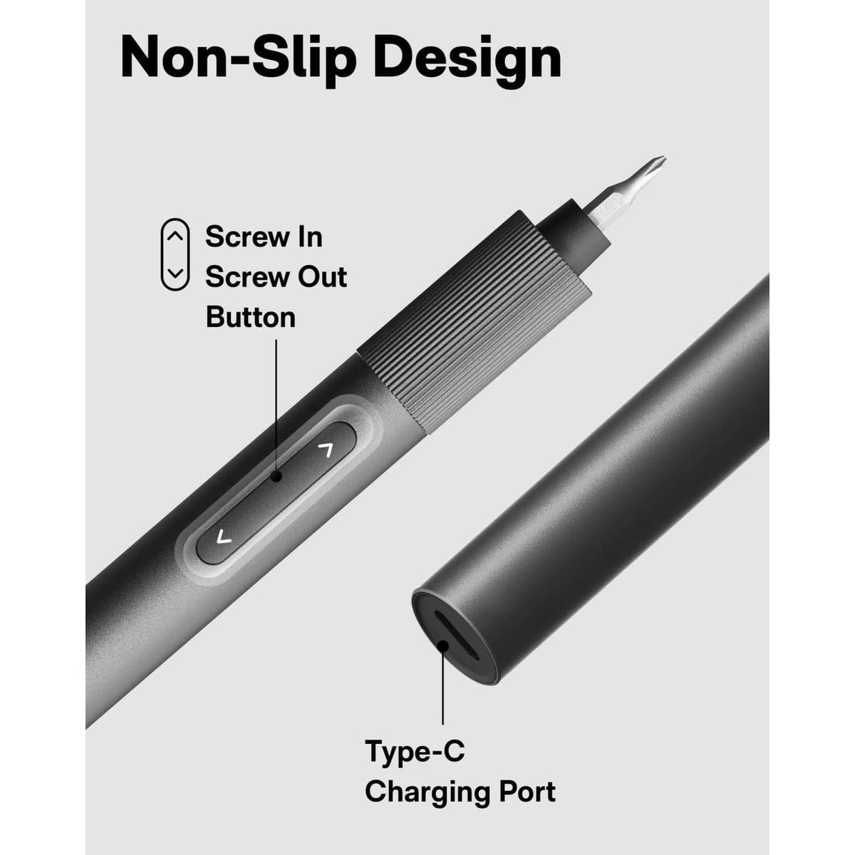Precision electric screwdriver with non-slip grip, buttons, and Type-C charging port
