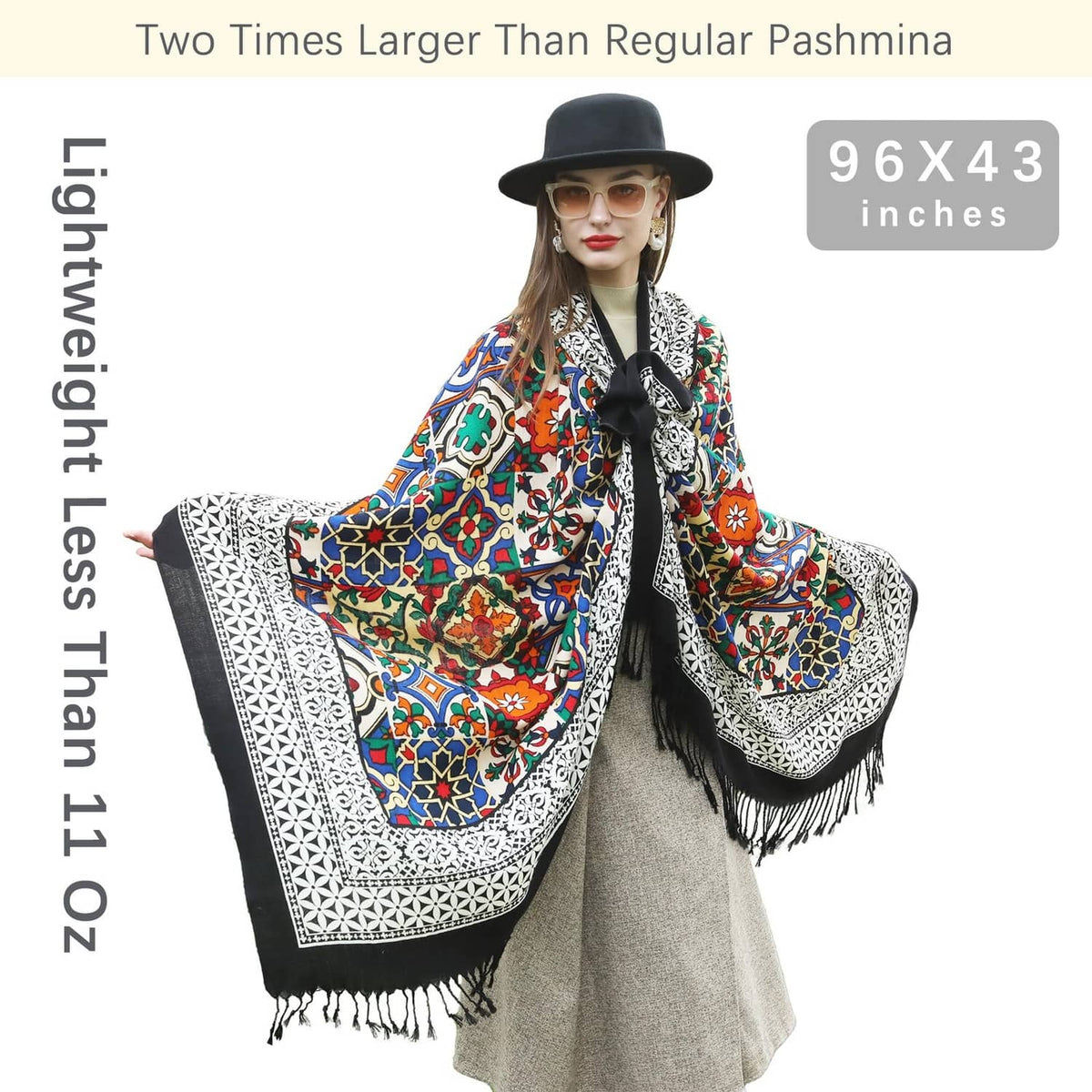 Large merino wool pashmina with multicolor Moroccan print and long fringed ends