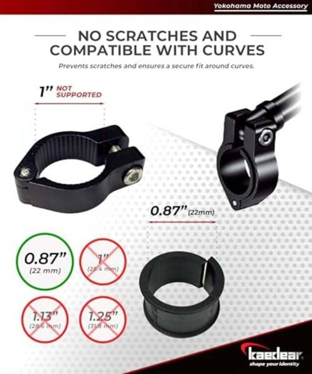 Curved-handlebar compatible brace bar with black mounting band and clamp.