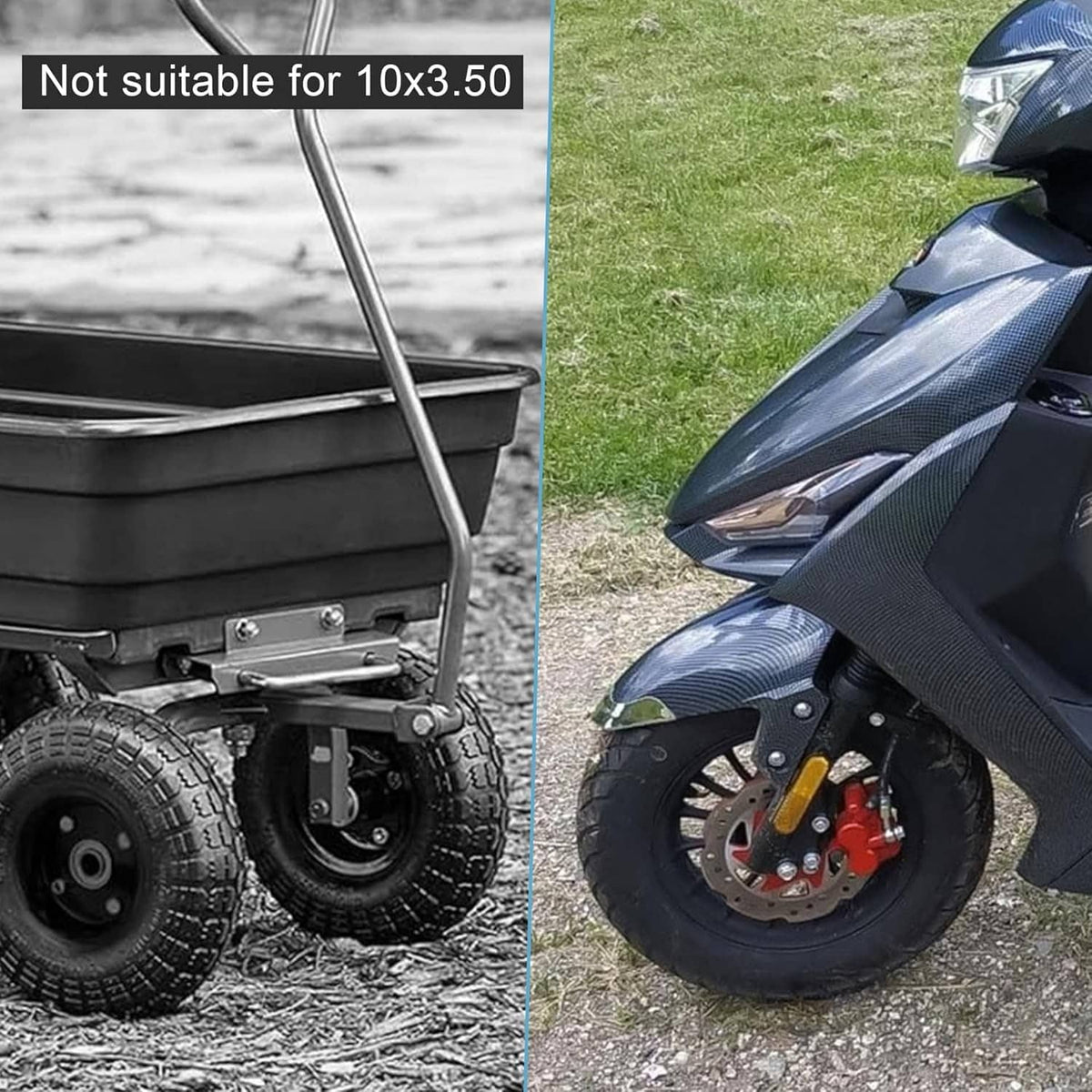 Mounted off-road scooter tire on black wheel rim, knobby tread, black