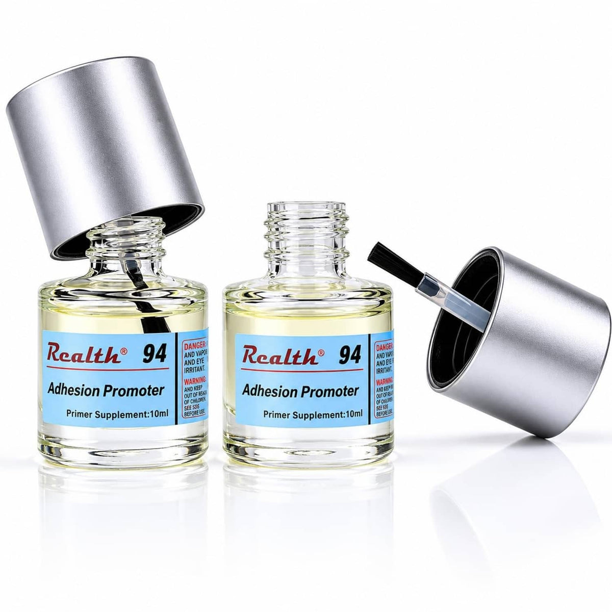 Adhesion promoter bottles with silver caps and clear brush applicator (2-pack).
