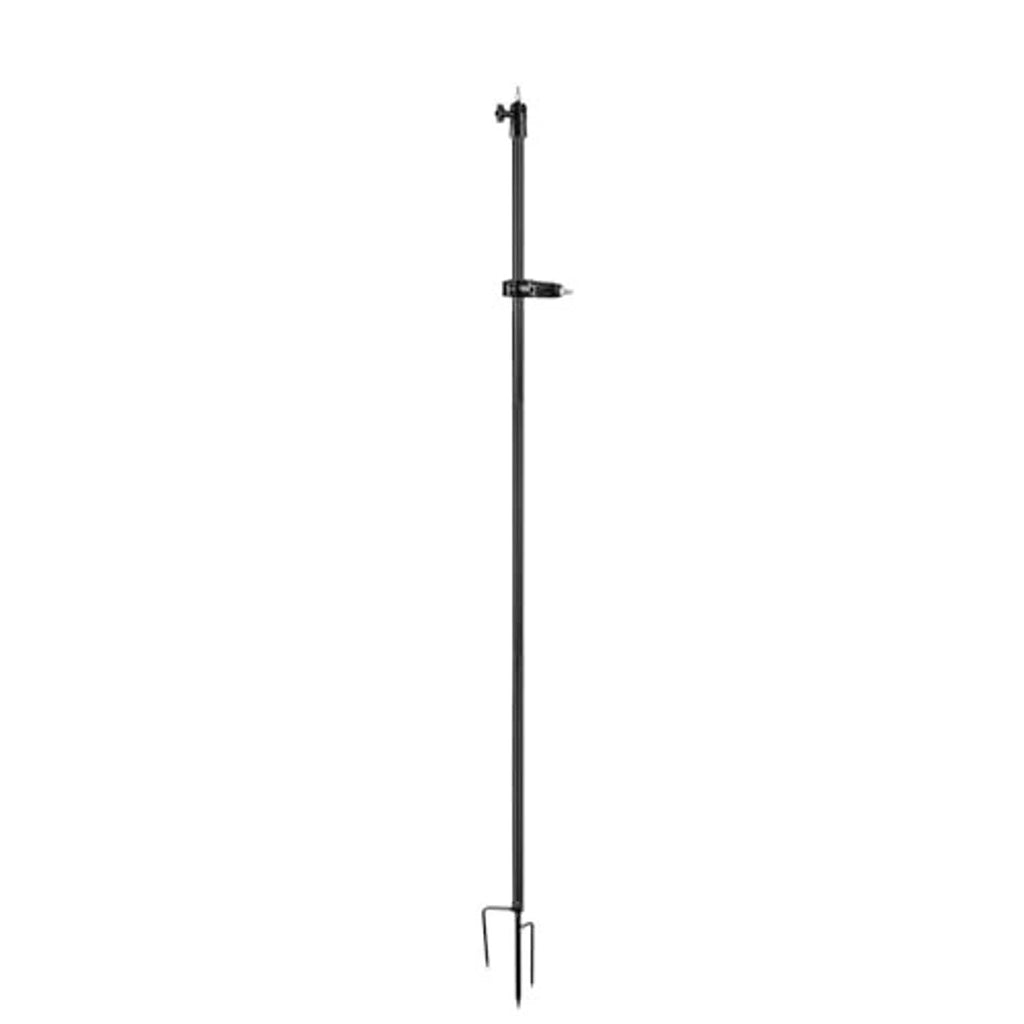 Tall black ground stake stand with solar panel bracket and camera mounting arm