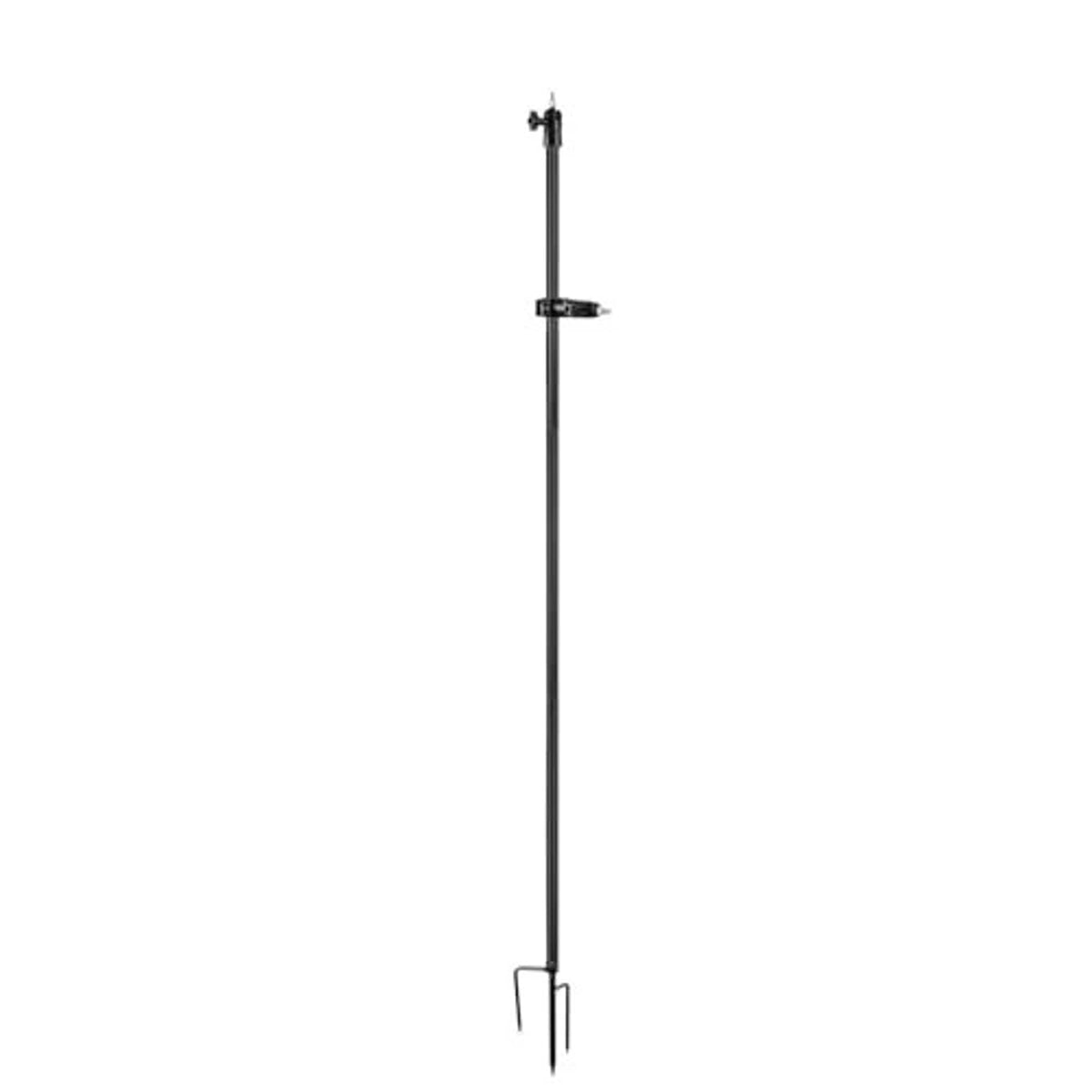 Tall black ground stake stand with solar panel bracket and camera mounting arm