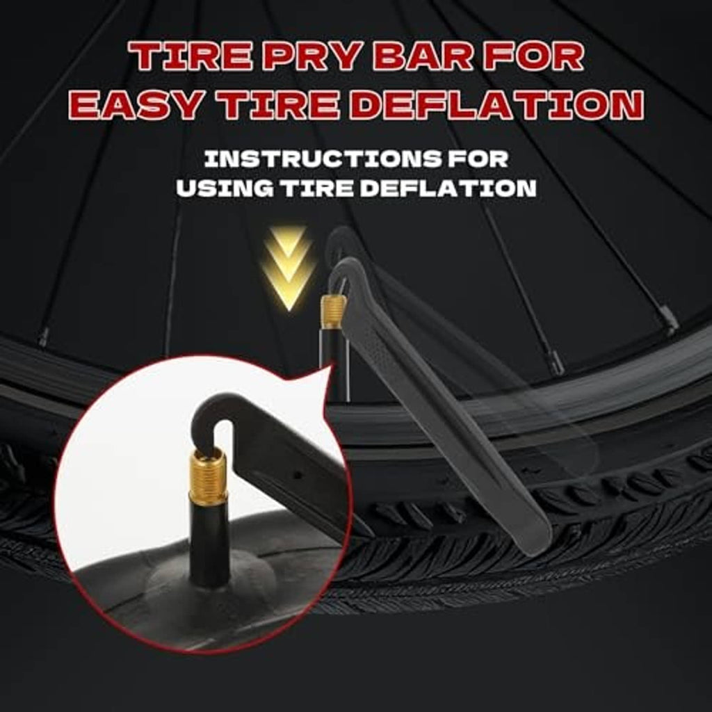 Tire pry bar tool for easy tire deflation shown beside a black inner tube valve