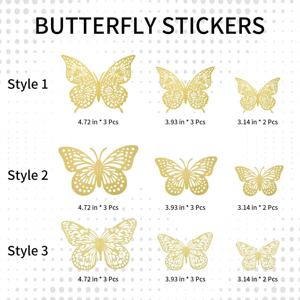 Gold butterfly sticker set, three styles with different counts and sizes