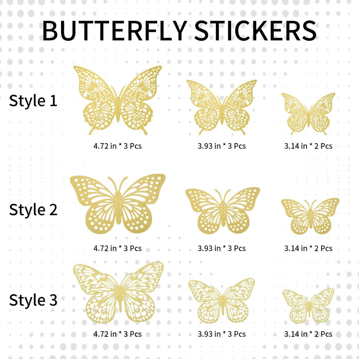 Gold butterfly sticker set, three styles with different counts and sizes