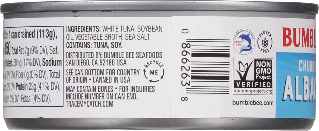 Bumble Bee Chunk White Albacore tuna can side with ingredients and barcode