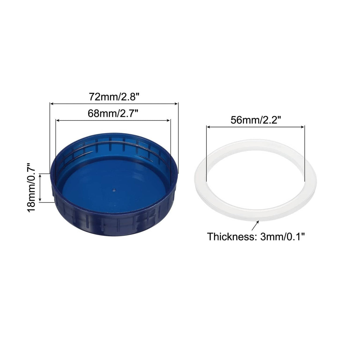 Sapphire blue plastic mason jar lid with dimensions; includes silicone sealing ring