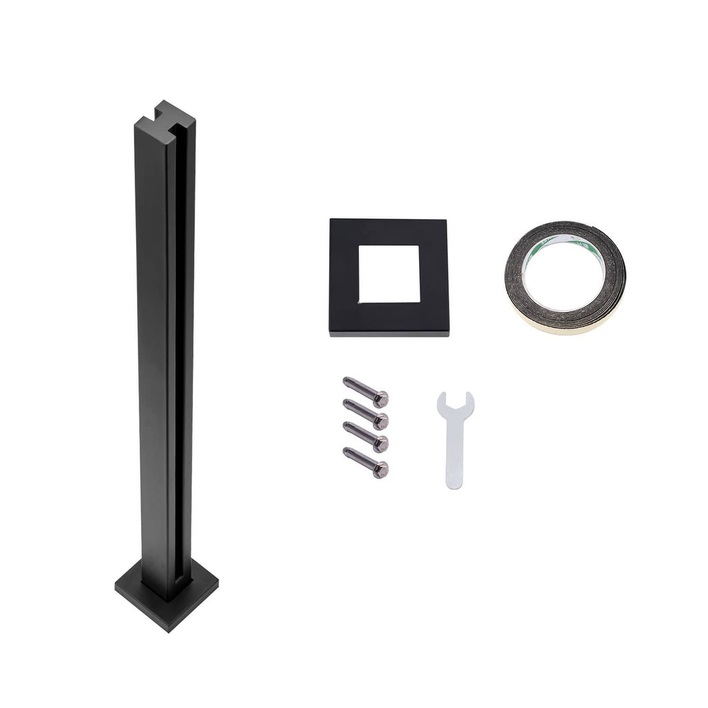 Black glass railing post clamp with square base and vertical post, included hardware