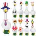 Set of decorative porch geese wearing assorted multicolor holiday hats and outfits